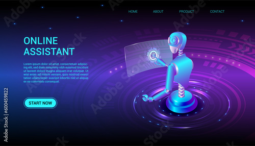 Online Assistant landing page. A robot with a computer - a virtual assistant. Concept illustration for support, assistance, call center. Technical support. Virtual help service. Vector illustration.