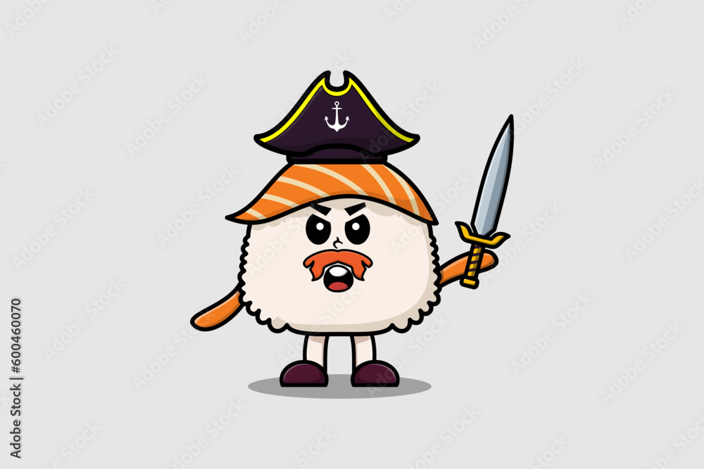 Cute cartoon character Sushi pirate illustration in modern style design