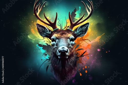 Neon color light deer in the forest. Generative AI.
