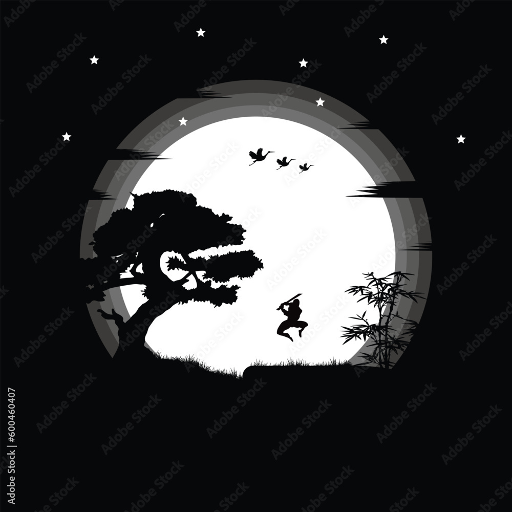 illustration vector graphic of Ninja, Assassin, Samurai training at night on a full moon. Perfect for wallpaper, poster, etc Roronoa Zoro One Piece