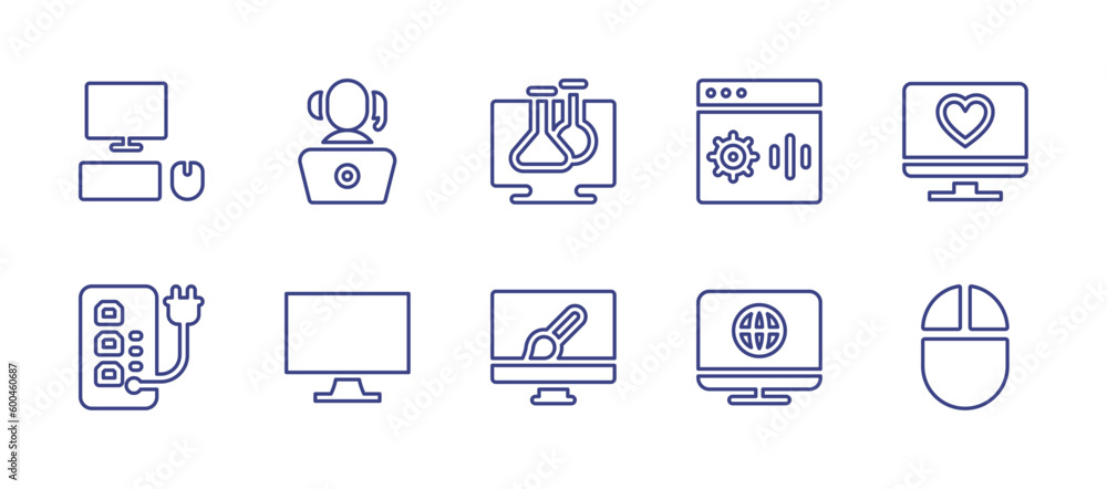 Computer line icon set. Editable stroke. Vector illustration. Containing pc, operator, virtual lab, nlp, computer, uninterrupted power supply, television, web design, internet, mouse.