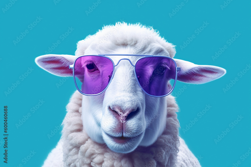 portrait of a face of a sheep in purple glasses