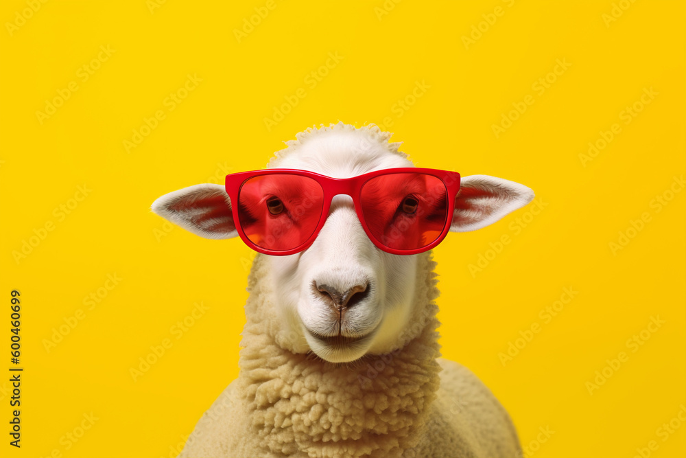 portrait of a sheep wearing red sunglasses
