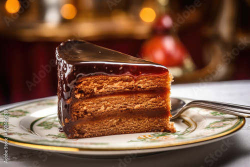 Chocolate Sacher cake slice with apricot jam on wooden table. Traditional Austrian dessert. Ai generative