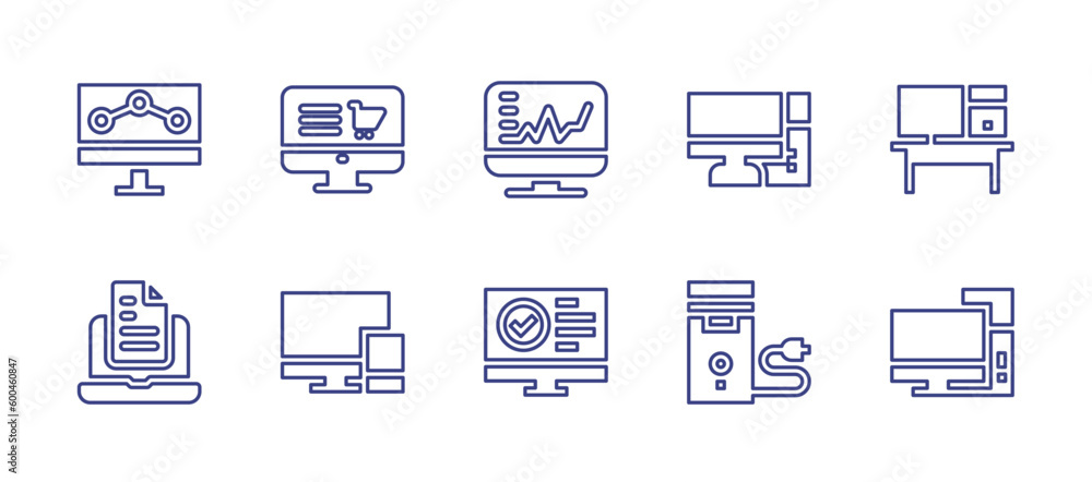 Computer line icon set. Editable stroke. Vector illustration. Containing chemistry, ecommerce, computer monitor, computer, document, televisions, voting, pc.