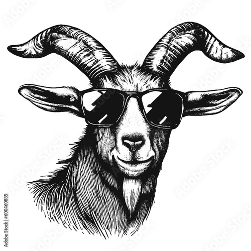 cool goat wearing sunglasses illustration, goat in glasses sketch