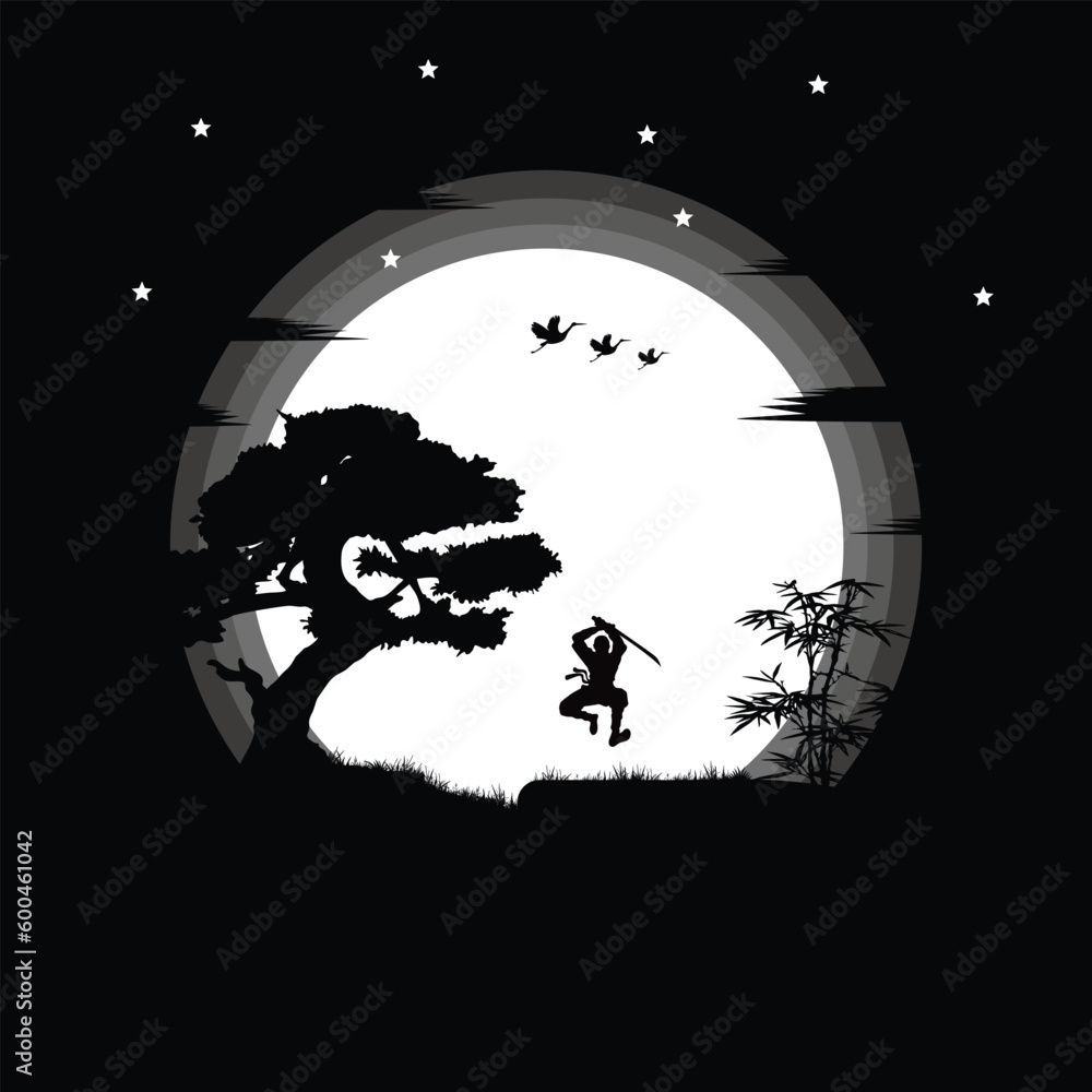 illustration vector graphic of Ninja, Assassin, Samurai training at night on a full moon. Perfect for wallpaper, poster, etc Roronoa Zoro One Piece