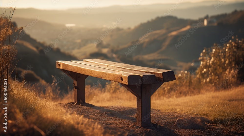 A wooden bench with a stunning mountain landscape