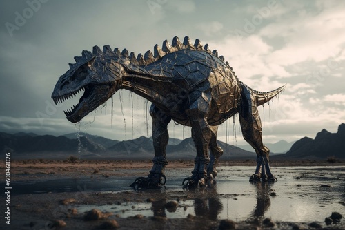 A technological dinosaur stands in a wet desert from the back. Generative AI © Nia