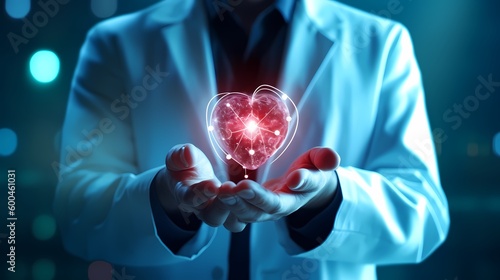 Medicine doctor holding red heart shape in hand with medical icon network connection modern virtual screen interface. Generative Ai.