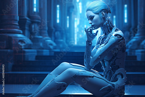 a sad female robot sitting in pensive pose, cybernetic technology, fictional person created with generative ai