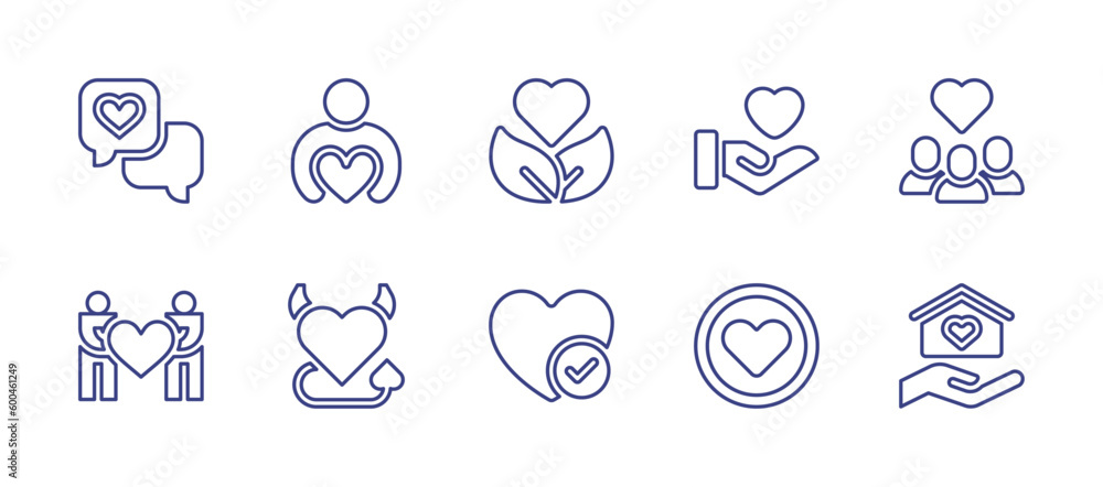 Heart line icon set. Editable stroke. Vector illustration. Containing love message, charity, organic, love, group, solidarity, heart, home.