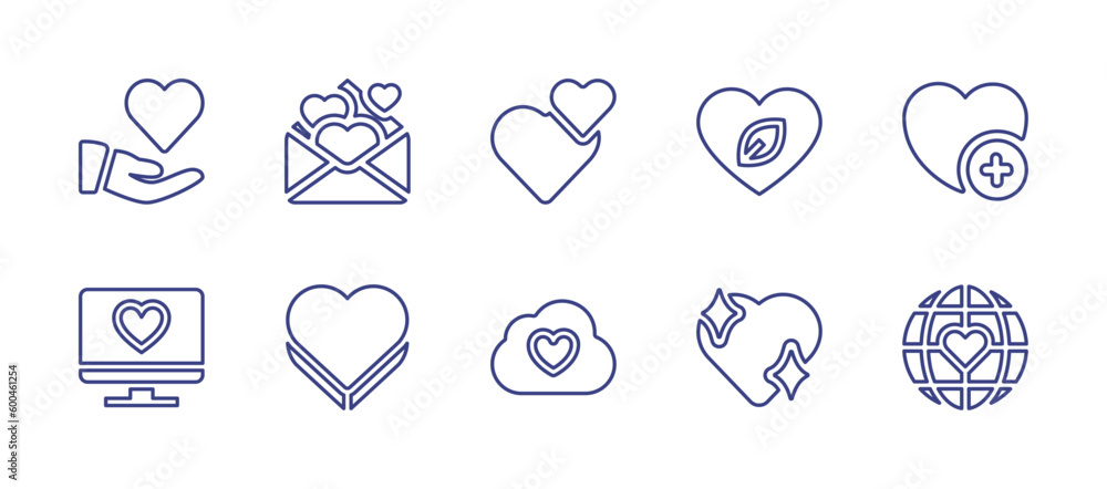 Heart line icon set. Editable stroke. Vector illustration. Containing heart, love letter, leaf, like button, computer, chocolate, cloud, love.