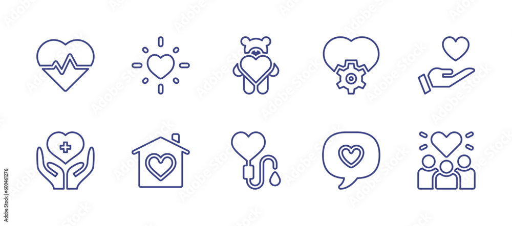 Heart line icon set. Editable stroke. Vector illustration. Containing cardiogram, shine, teddy, work, healthcare, house, blood donation, speech bubble, love.