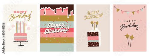 Happy Birthday greeting card and invitation templates. Vector illustration in hand-drawn simple style