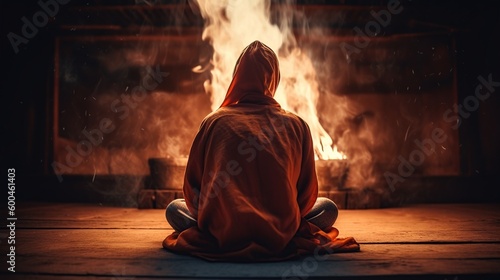 Silhouette of a person meditating in front of a fire