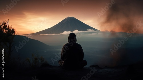 Silhouette of a person meditating in front of a volcano