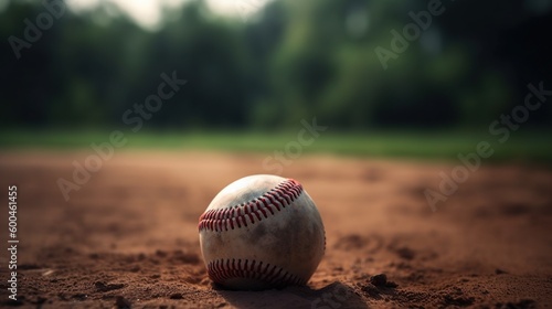 Close up of a baseball on a baseball field with copy space, Generative AI