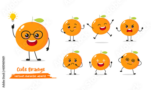 orange cartoon with many expressions. different fruit activity vector illustration flat design. smart tangerine for children story book.