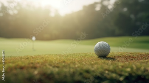 Close up of a golf ball on a golf course with copy space, Generative AI