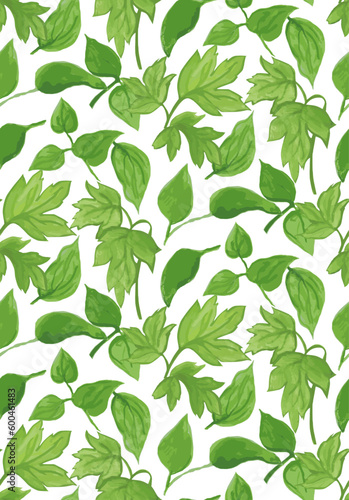 SF_Hand Painted, Spring Floral Leaves, Foliage, Green, Tossed Repeat, Botanical, Digitized, Vector, Scalable, Editable