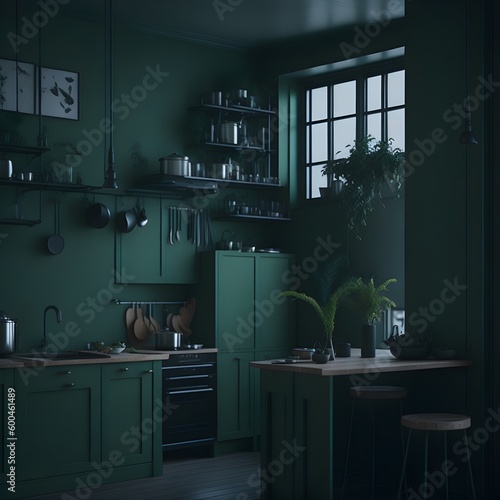 Green kitchen and minimalist interior design.