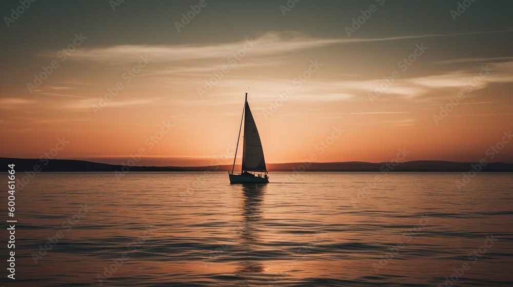 Single sailboat at sunset, minimal concept, Generative AI