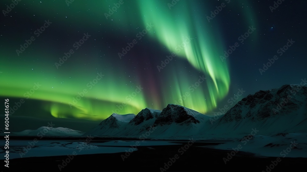 Stunning aurora borealis, northern lights, over mountains, Generative AI