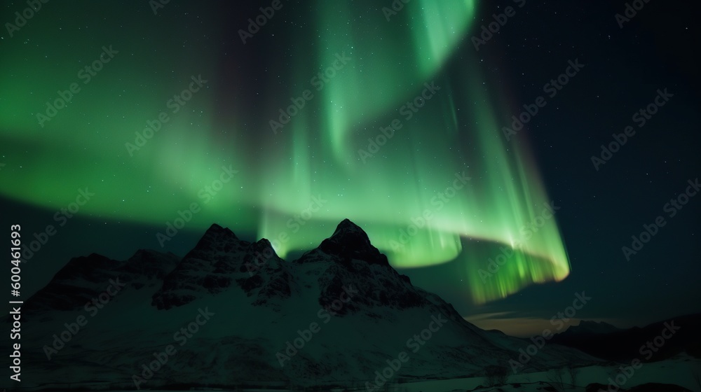 Stunning aurora borealis, northern lights, over mountains, Generative AI