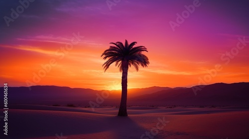 Beautiful single palm tree with pink sunset behind in the desert, Generative AI