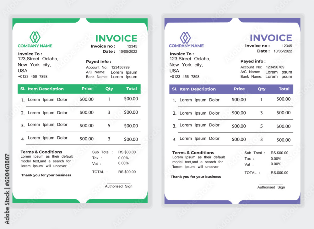 Business Minimal Corporate Invoice design template vector illustration bill form price . Creative template and stationery design payment agreement design template Cash Memo, Vector Quotation Design