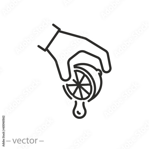 hand squeezes juice icon, fresh lemonade or citrus drink, squeezed orange or lemon, thin line symbol on white background - editable stroke vector illustration eps10