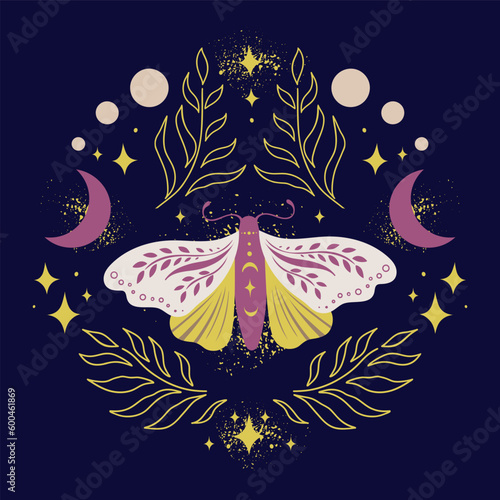 Butterfly night moth in a frame of twigs with crescents, stars and fairy dust on dark background. Vector symmetric celestial boho print