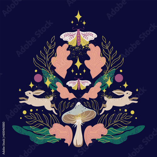 Magical forest vector forest symmetric pattern with rabbits, butterflies night moths, mushrooms, twigs, leaves, stars and fairy dust on dark background