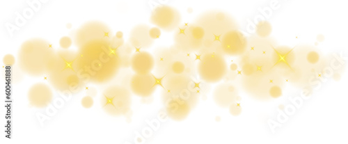 Golden shining bokeh lights with glowing particles on transparent background. PNG.