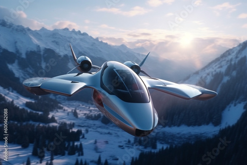 Electric passenger VTOL aircraft taxi. Autonomous flying car transport for travel. Over mountain landscape. Ai generated