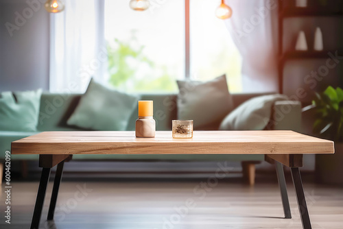 Empty wooden table for product display montage against blurred cozy modern living room background. Generative AI. © julijadmi