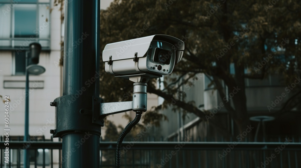 A security camera on a pole, Generative AI A security camera on a pole, Generative AI