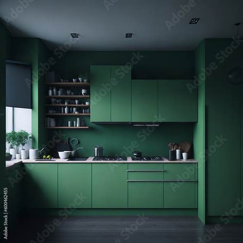 Green kitchen and minimalist interior design.