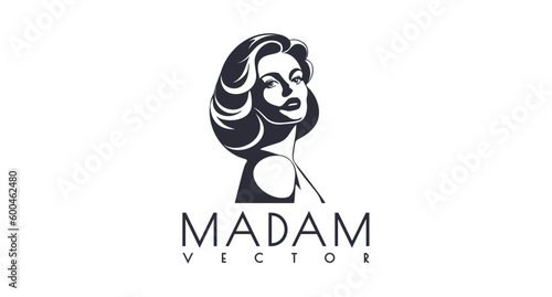 Vector graphic simple monochrome portrait of a pleasant beautiful chic madam. Logo, sticker or icon. White isolated background.