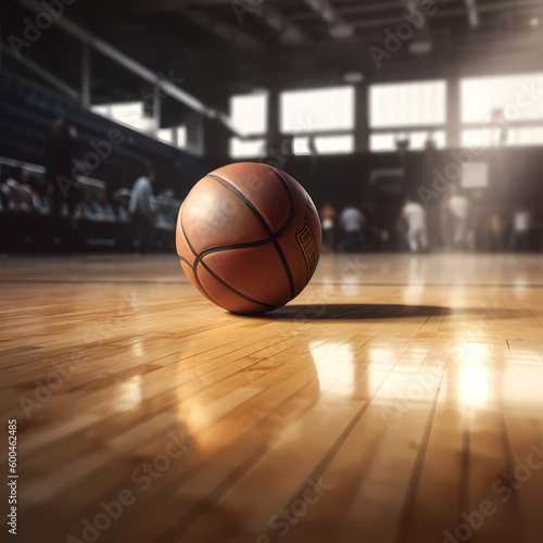 Basketball Ball on Stadium Court Floor. Generative AI