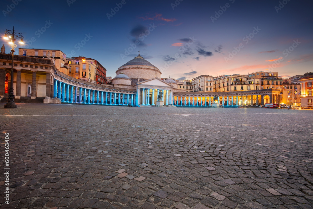 Naples, Italy. Cityscape image of Naples, Italy with the view of large public town square Piazza del Plebiscito at sunset.