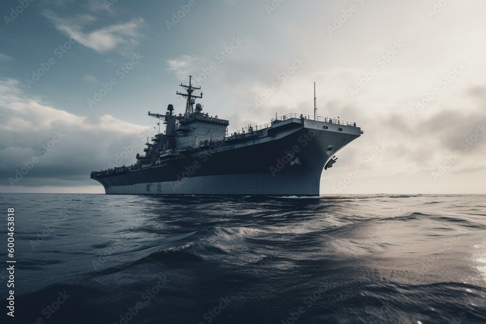 A navy carrier ship on a secret mission at sea, possibly using AI technology. Generative AI