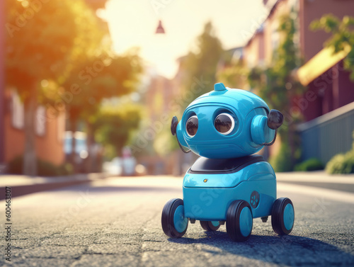 cute blue delivery robot rides the streets of the city at sunny day, Modern delivery concept-robots delivery, ai generative