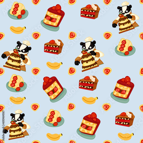 Vector seamless pattern with sweets, pastries and berries. Cakes and biscuits on coasters, cookies with crumbs, croissants, chocolate muffins hand drawn seamless background