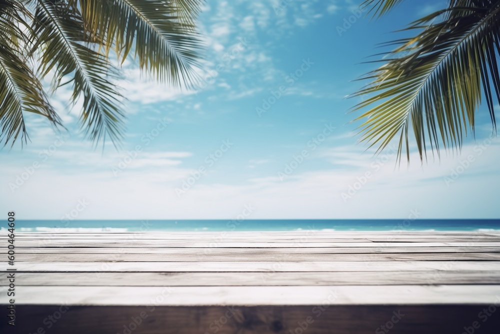 Wooden Table Top with Summer Beach Background Created with Generative AI Wooden Table Top with Summer Beach Background Created with Generative AI