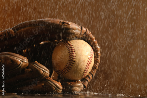 Canvas Print Rain game concept with baseball in glove closeup for sport.