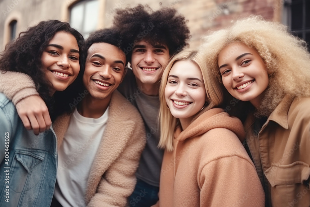 Fototapeta premium Happy group of friends hugging together and smiling at camera