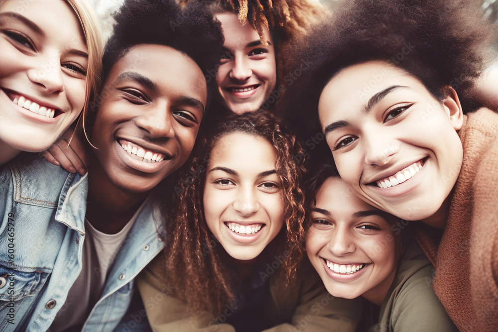Happy group of friends hugging together and smiling at camera Happy group of friends hugging together and smiling at camera