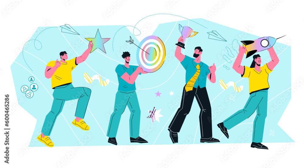 Business team success and efficiency concept. Office workers celebrating their success on market and result of business development, flat vector illustration isolated on white background. Business team success and efficiency concept. Office workers celebrating their success on market and result of business development, flat vector illustration isolated on white background.